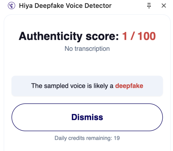 Fuente: Resultados de la herramienta Hiya Deepfake Voice Detector